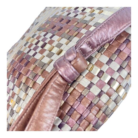 Sharif Metallic Gold Woven LEATHER HANDBAG Plaid Shoulder Crossbody Bag Tassel - Picture 8 of 13